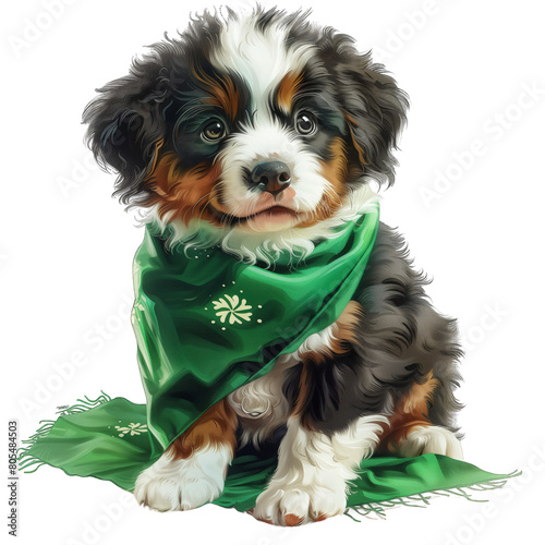 Na obrazie widać małego psa, który nosi na szyi zielony szalik. Pies wygląda uroczo i pewnie w takim dodatku photo