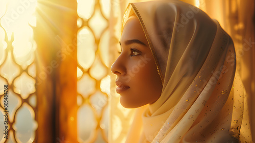 Close up of an cute Arabican girl wearing a white hijab and praying in the mosque. Backlit by sunlight through a window photo