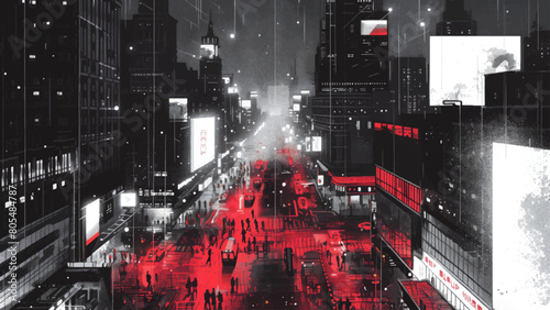 Rainy Night Cityscape - Digital artwork of a bustling city street at night in the rain, highlighted by red and white lights.