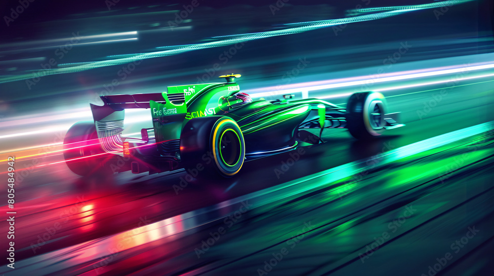 Fototapeta premium High-Speed Formula Racing Cars in Neon Glow on Dynamic Race Track 