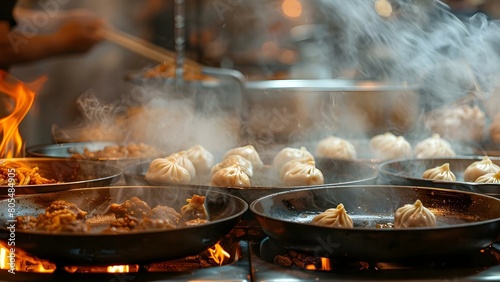 Vibrant Chinatown street vendors proudly serve signature dumplings amidst sizzling pans. Concept Street Food Culture, Culinary Delights, Vibrant Markets, Ethnic Dining, Authentic Flavors