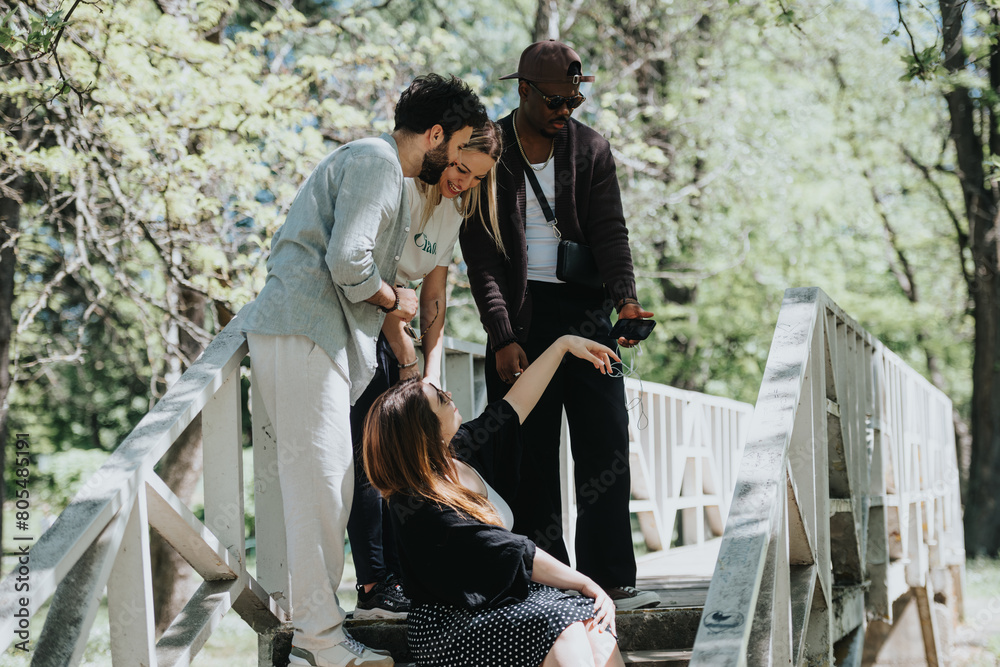 A diverse group of friends shares a joyful moment together outdoors in a sunny park, reflecting a relaxed, cheerful mood on a spring day. A diverse group of friends shares a joyful moment together outdoors in a sunny park, reflecting a relaxed, cheerful mood on a spring day.