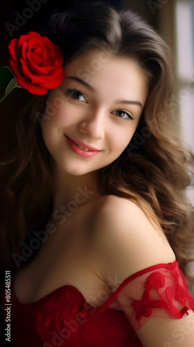 Happy beautiful woman in dress holding flowers and smiling romantic looking