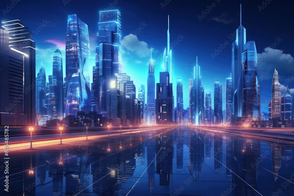Illustration of an abstract neon megacity with light reflections from puddles on the street, featuring a cyberpunk theme. Illustration of an abstract neon megacity with light reflections from puddles on the street, featuring a cyberpunk theme.