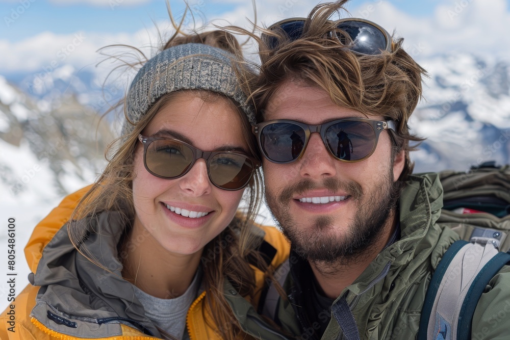 A joyous couple takes a selfie together amidst a snowy mountain backdrop, showcasing their shared moments of adventure A joyous couple takes a selfie together amidst a snowy mountain backdrop, showcasing their shared moments of adventure