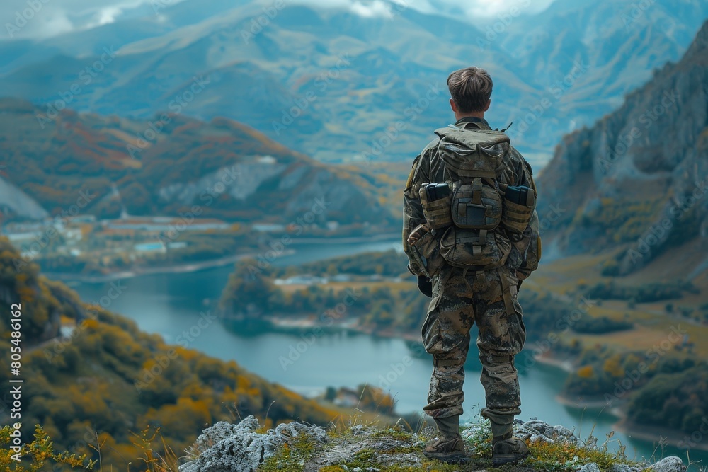 A contemplative soldier gazes upon a tranquil mountain range and a lake from a high vantage point