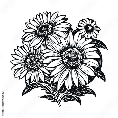 Flowers vector black and white isolated clip art. White background.