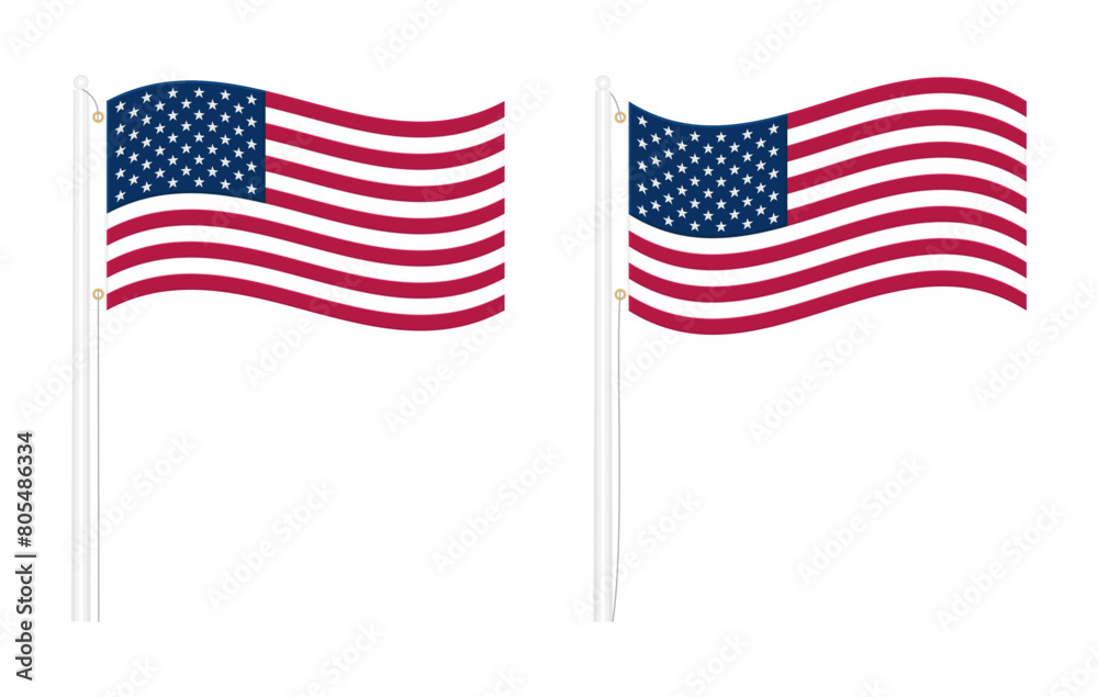 Waving American USA Flag on pole With real proportions and Colors. Embroidered Stars, Sewn Stripes and Brass Grommets. Vector illustration Waving American USA Flag on pole With real proportions and Colors. Embroidered Stars, Sewn Stripes and Brass Grommets. Vector illustration