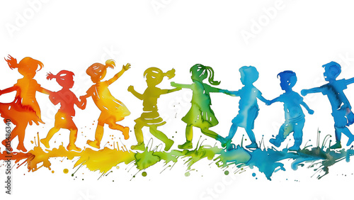 W obrazie przedstawione s   dzieci w formie kontur  w  pomalowanych w r    norodnych kolorach. Ka  da sylwetka wyr    nia si   innym odcieniem  tworz  c ciekawe kontrasty i kompozycje
