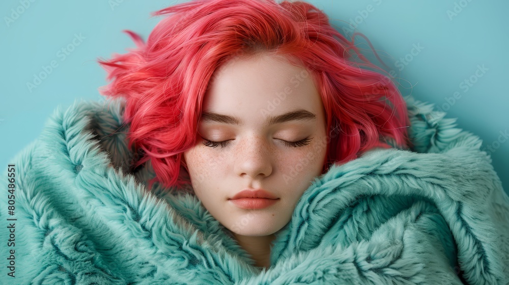 A tight shot of a red-haired individual against a blue backdrop, their eyes peacefully shut, clutching a green blanket A tight shot of a red-haired individual against a blue backdrop, their eyes peacefully shut, clutching a green blanket