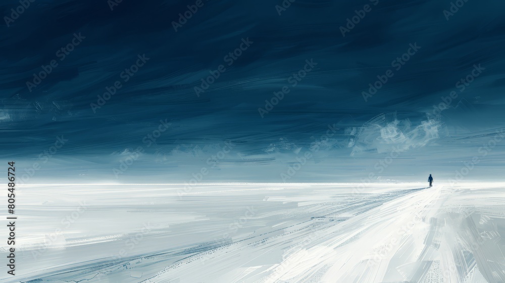 A person stands on a snow-covered road beneath a dark, ominous sky In the distance, another figure emerges against the night A person stands on a snow-covered road beneath a dark, ominous sky In the distance, another figure emerges against the night