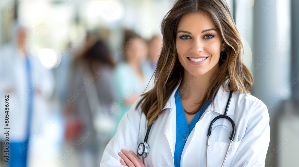 A woman in a white coat and stethospe around her neck stands in a hospital hallway A group of people is in the background A woman in a white coat and stethospe around her neck stands in a hospital hallway A group of people is in the background
