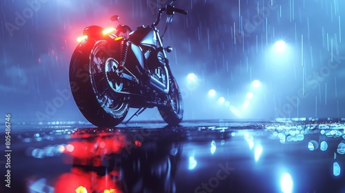   A motorcycle rests on a slick surface during rain, bearing red taillight and headlight