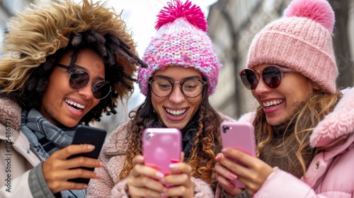  Three women stand close by, gazing at a cell phone One wears a cozy knitted hat