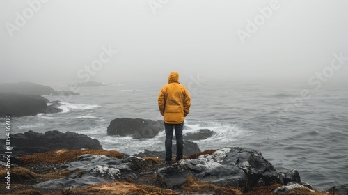  Person in yellow jacket stands on rocky cliff, gazing at foggy ocean