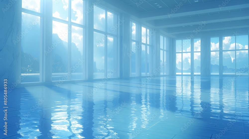   A room featuring large windows and a blue tile floor is mirrored by a blue sky and clouds in the window panes