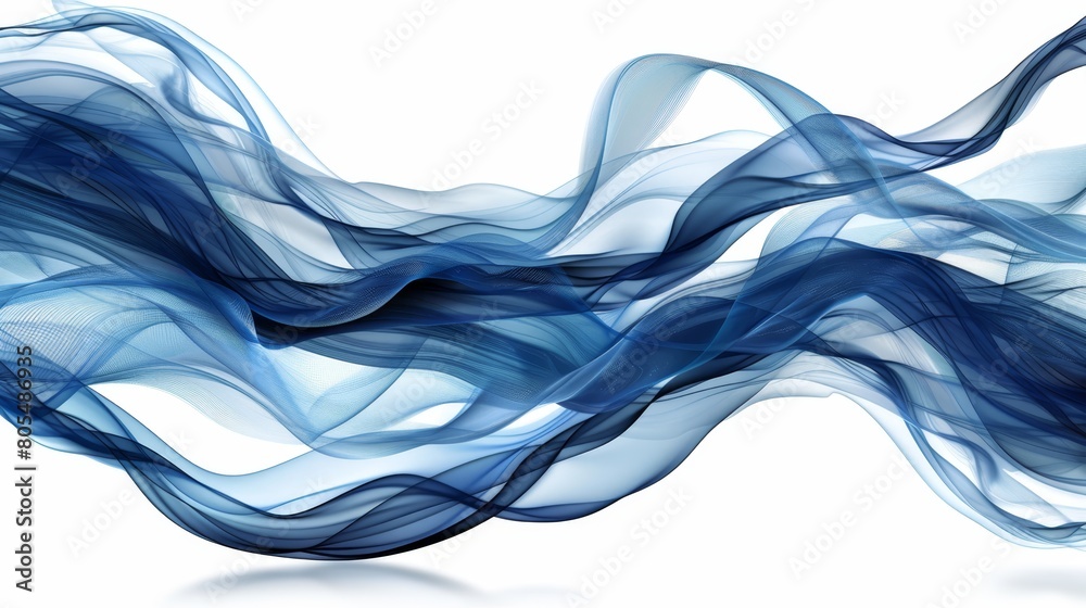 A blue wave of smoke against a pristine white backdrop; reflection below right, mirror-image reflection left A blue wave of smoke against a pristine white backdrop; reflection below right, mirror-image reflection left