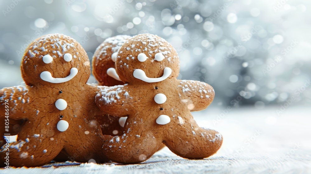 A tight shot of two gingerbread figures, their faces adorned with white frosting for eyes and smiles, set against a backdrop of gently falling snowflakes A tight shot of two gingerbread figures, their faces adorned with white frosting for eyes and smiles, set against a backdrop of gently falling snowflakes