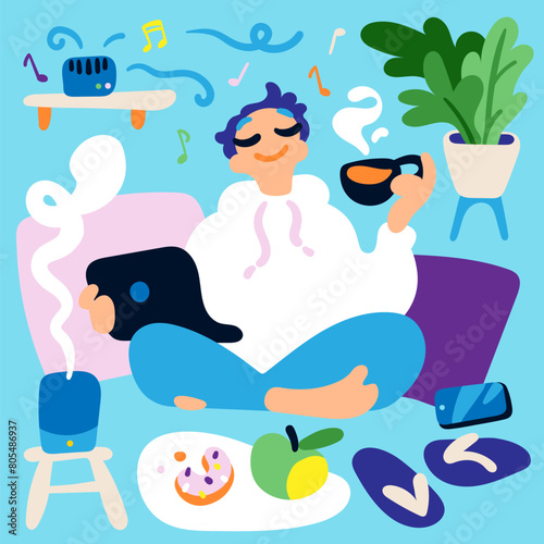 A guy chilling with a laptop and a cup of tea in comforting home setting. Good-enough and relaxed remote workflow concept. Simple vector illustration in trendy colorful style. 