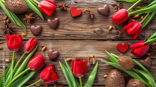   A wooden table, adorned with numerous red tulips, chocolaty heart-shaped decorations, and star-shaped anisette hearts photo