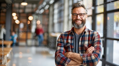   A bearded  glasses-wearing man stands before a window  arms crossed  gazing at the camera