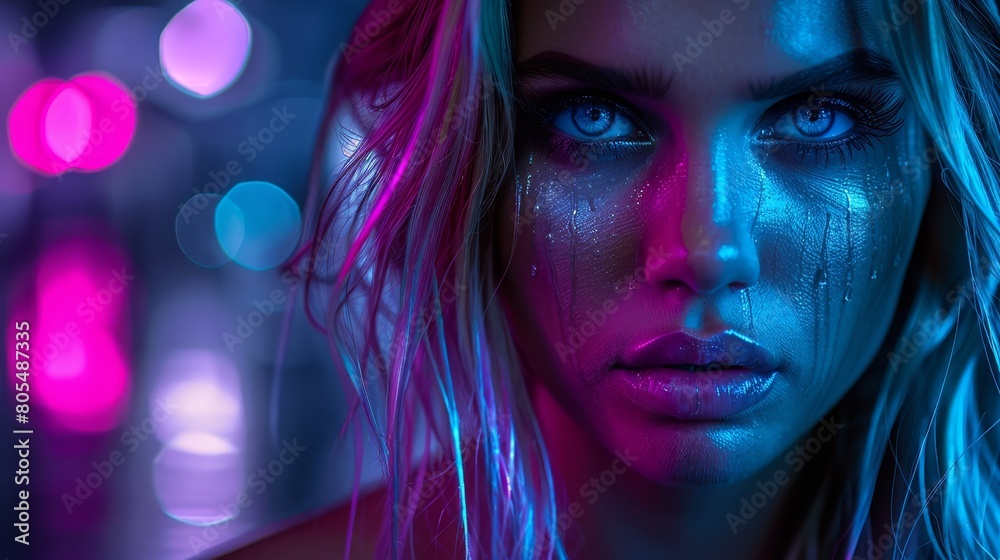   A woman's face, closely framed Blue and pink lights softly illuminate from behind Background gently blurred