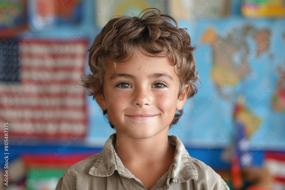 Smiling young boy in a classroom with a world map and American flag behind him Smiling young boy in a classroom with a world map and American flag behind him