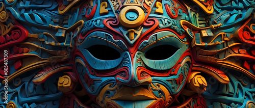 A colorful 3d fractal mesoamerica mask. photo