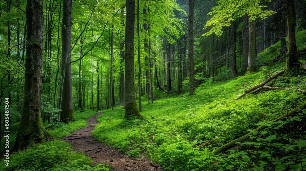 A winding path traverses a verdant forest, teeming with lush green flora – plants and trees – nestled along the sloping hillside A winding path traverses a verdant forest, teeming with lush green flora – plants and trees – nestled along the sloping hillside