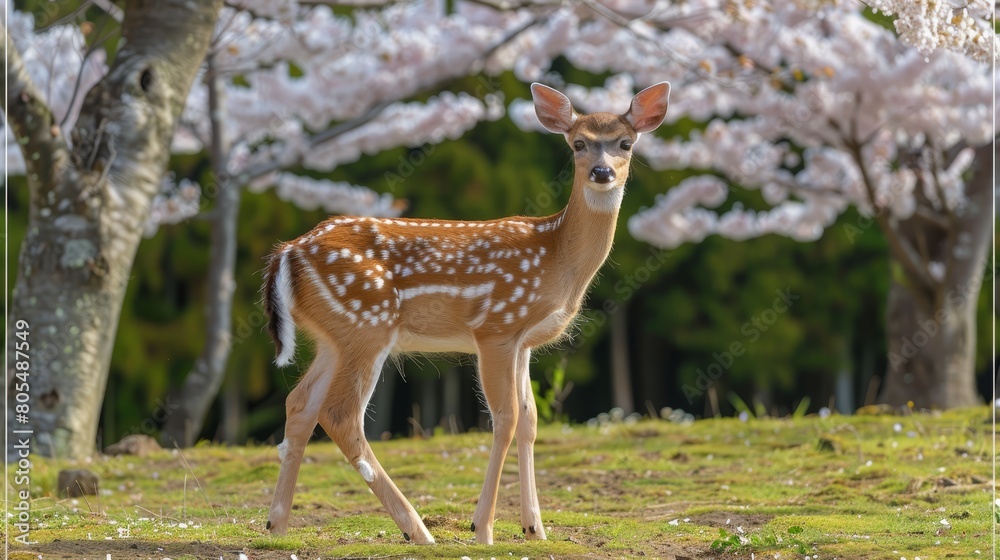 A small deer stands in a field near a tree adorned with white flowers In front, a line of trees bears pink blossoms A small deer stands in a field near a tree adorned with white flowers In front, a line of trees bears pink blossoms