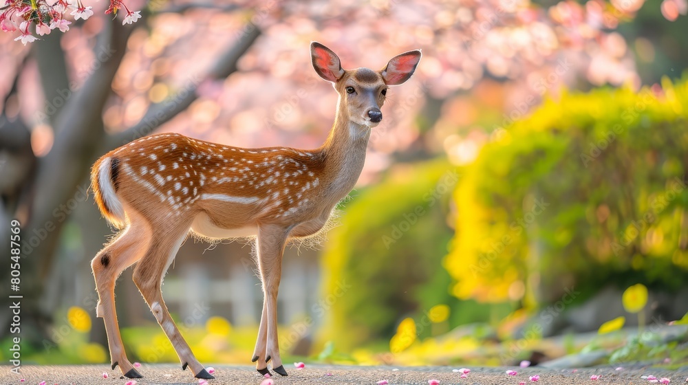 A small deer before a tree, adorned with pink blooms atop its head, amidst a hazy backdrop A small deer before a tree, adorned with pink blooms atop its head, amidst a hazy backdrop