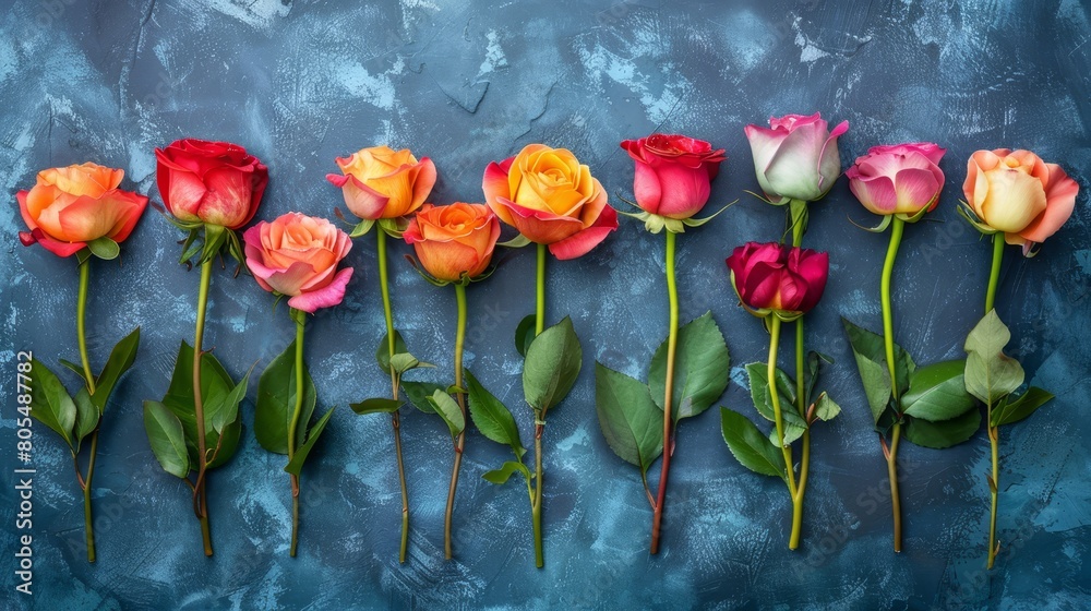   A row of differently colored roses sits atop a blue-green surface, surrounded by green leaves on either side