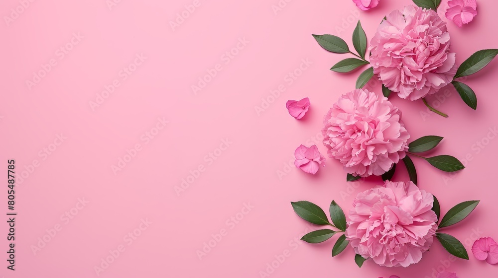   Pink carnations against a pink backdrop, featuring leaves and blooms in a top view, flat layout