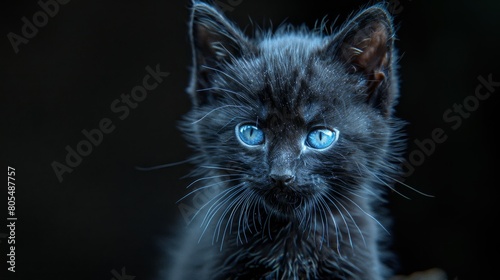  A tight shot of a black kitten with piercing blue eyes and distinctive whisker marks, gaze directed at the camera