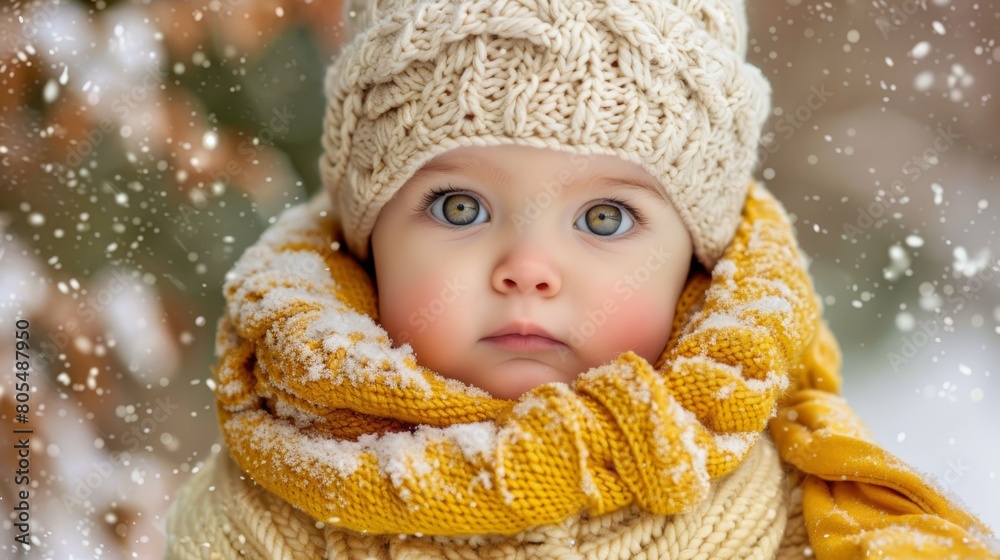 A small child wears a yellow scarf and a white knitted hat, featuring a yellow scarf draped around its neck A small child wears a yellow scarf and a white knitted hat, featuring a yellow scarf draped around its neck