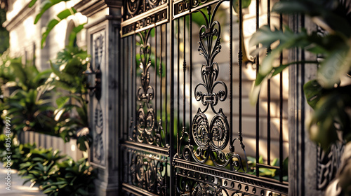 A high-resolution image of a luxury house's detailed entrance gate, crafted from wrought iron and featuring elegant designs that hint at the opulence beyond. 