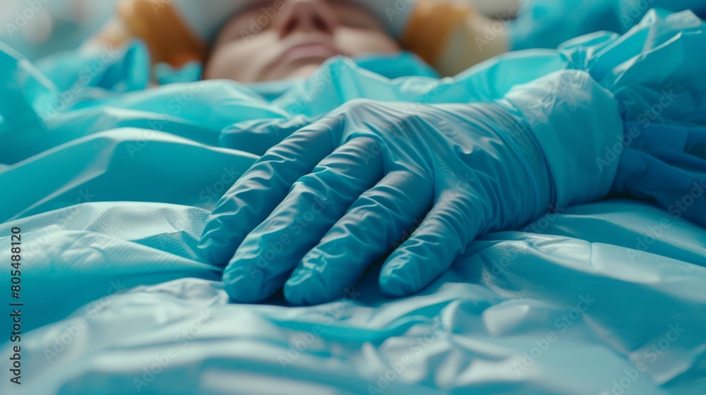   A tight shot of a person in a hospital bed, covered by blue sheets Hand reaches out, grasping the bed's edge