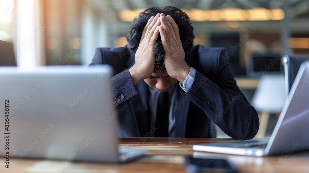A man in a suit, with his face hidden by his hands, sits before a laptop computer A man in a suit, with his face hidden by his hands, sits before a laptop computer