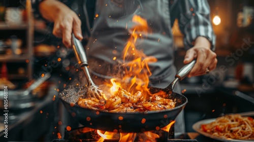  Person cooks food in skillet over stove with large flame flare-ups