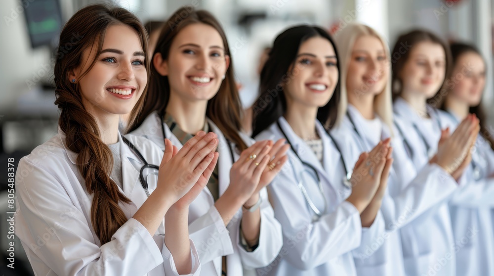 A team of women in white lab coats cheer and clap above their heads, grinning towards the camera A team of women in white lab coats cheer and clap above their heads, grinning towards the camera