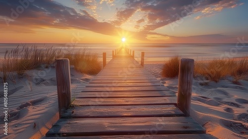   A wooden walkway winds toward a sandy beach as the sun sets behind it  with sand dunes rising in the foreground