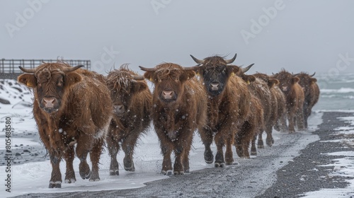  A herd of cattle traverses a snow-covered road, bordering a body of water In the backdrop, a bridge stands