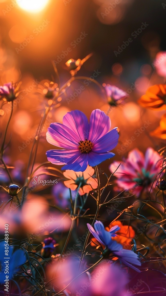 A field of flowers with a pink flower in the middle. The flowers are of different colors and sizes