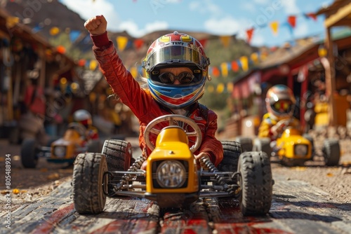 Excited kid in a racing helmet celebrates a karting victory with arms raised on a festive track background