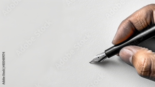  A hand holds a black ink pen, scribing on a blank sheet of paper