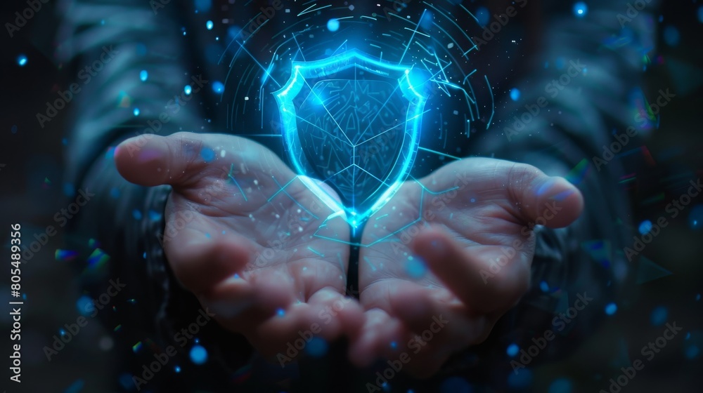 View of a Businessman holding a Shield cyber security concept View of a Businessman holding a Shield cyber security concept