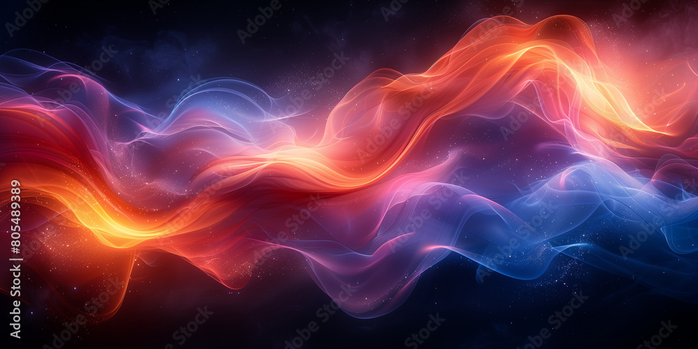 Glowing abstract background. Bright smooth luminous lines concept poster. Glowing smoke decorative horizontal banner. Digital raster bitmap illustration. AI artwork.