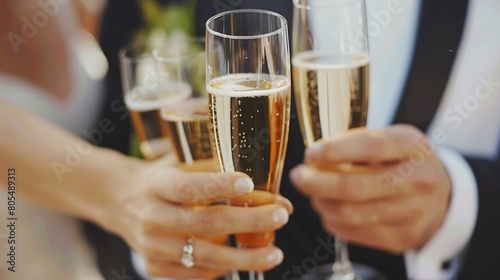   A person tightly holds a glass of wine in one hand  while the other hand balances two flutes of champagne