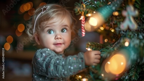  A little girl stands next to a Christmas tree, holding a lit ornament for the tree's topper