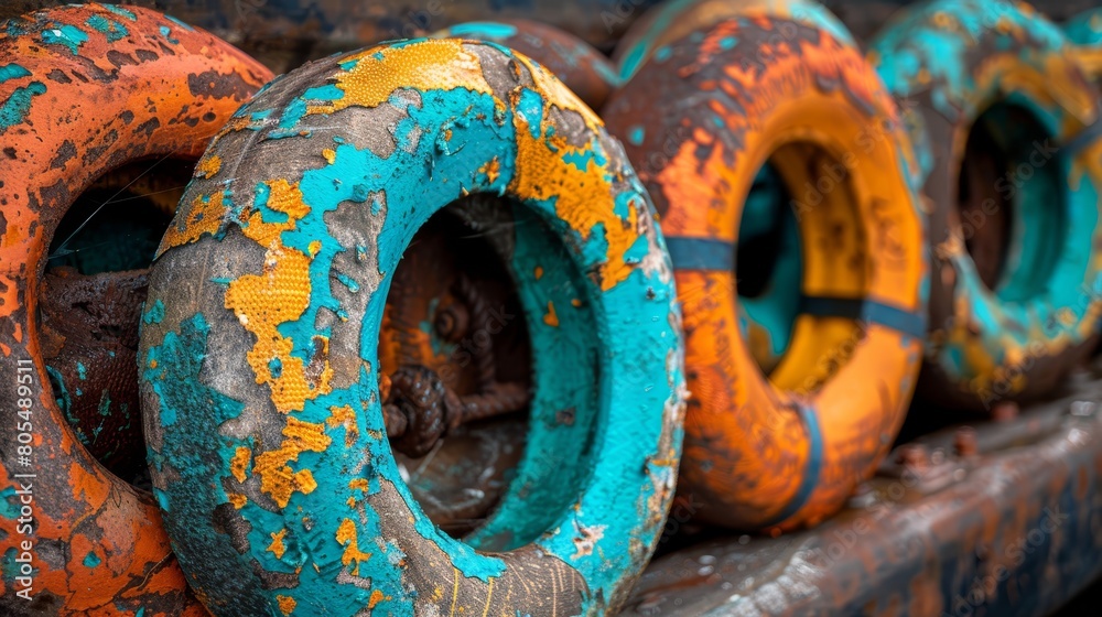   A row of old tires atop a rusted metal rack, sporting splattered paint